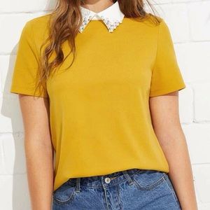 Yellow Blouse w/ Pearl Collar